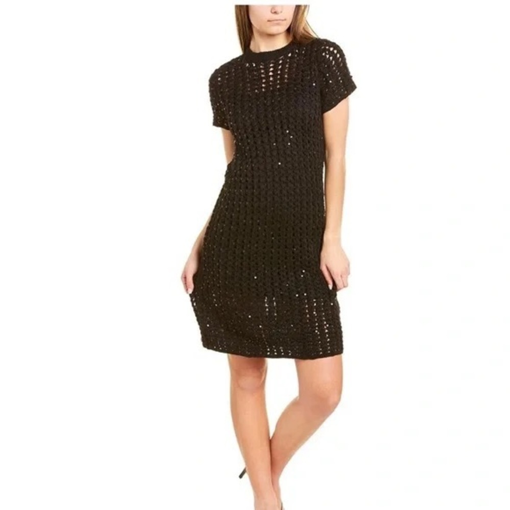 All Saints Alyse Black Crochet Open Mesh Knit Sequins Midi Dress Size Large